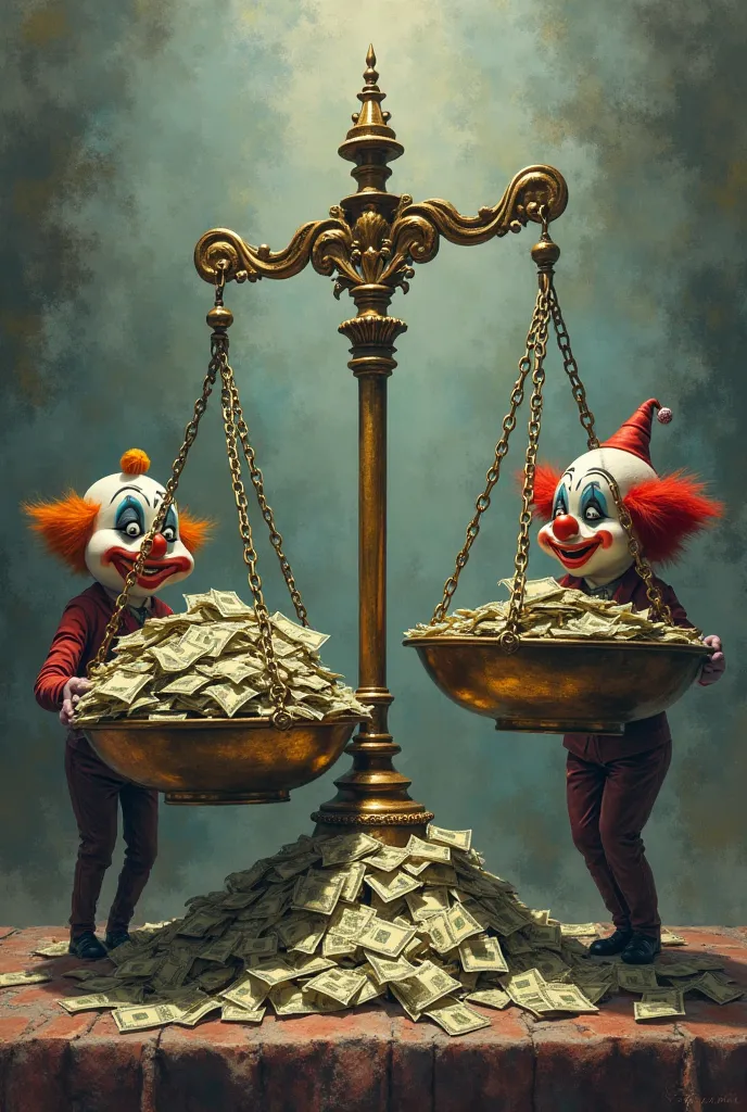 Justice scale tipped by money with clown faces besides 