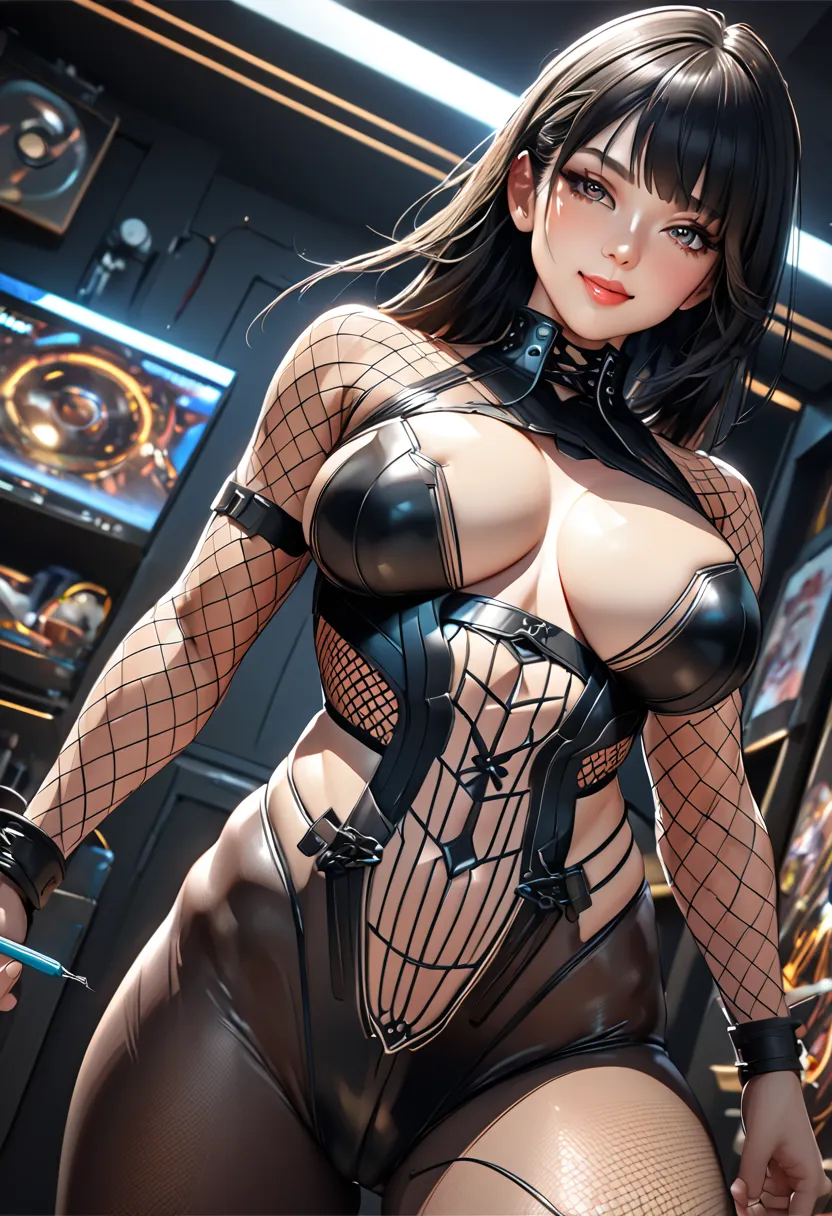  a girl, alone, ninja outfit, fishnet bodysuit, big breasts, slender, black hair, black dental floss ,  smile, masterpiece,  Noise Reduction , perfect anatomy, high resolution,  ultra details, rosto  ultra details, Game CG ,  Dutch angle , visual art, five...