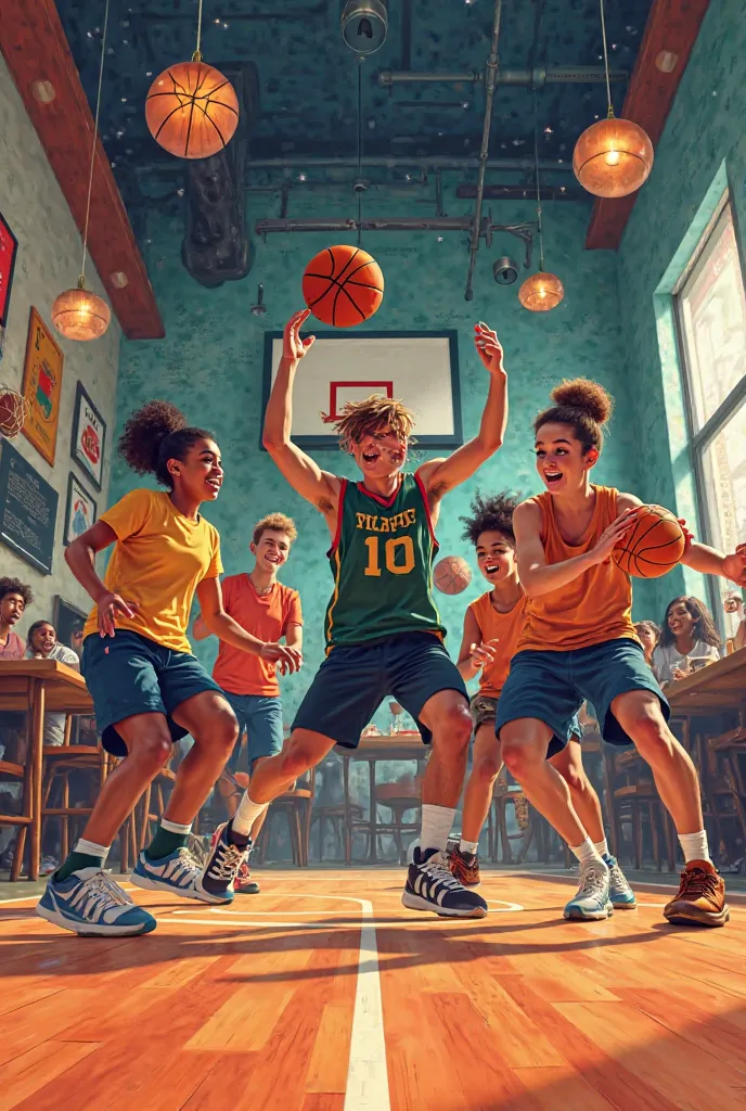 Make a promotional poster for a basketball-themed cafe called Hoops Cafe