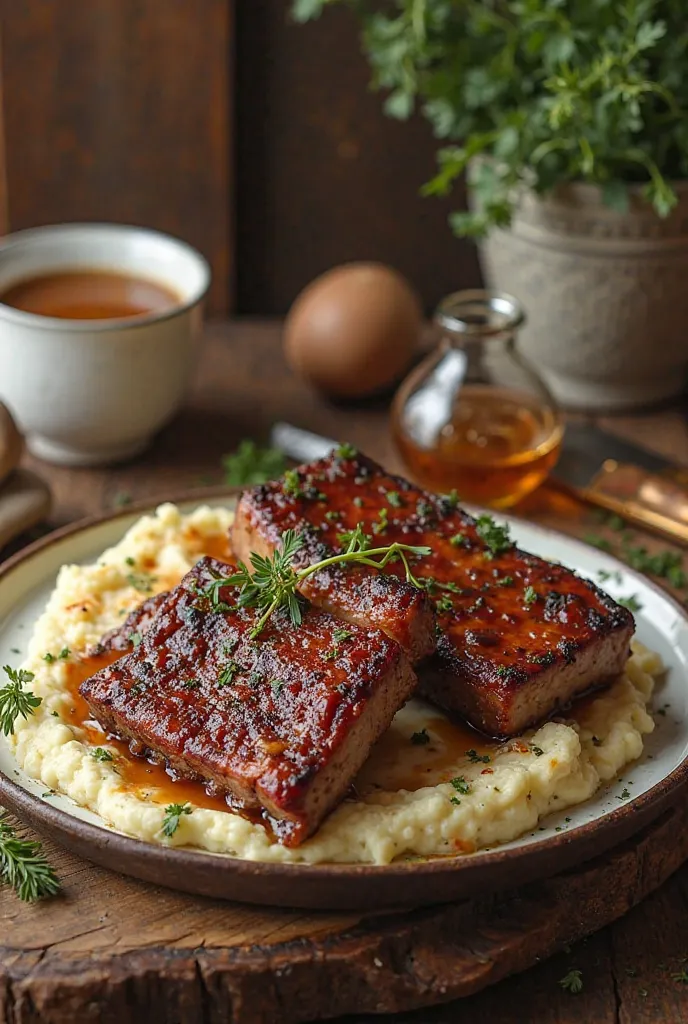 Now make a 2 bone-in pork ribs
 accompanied by a rich and creamy mashed potatoes
