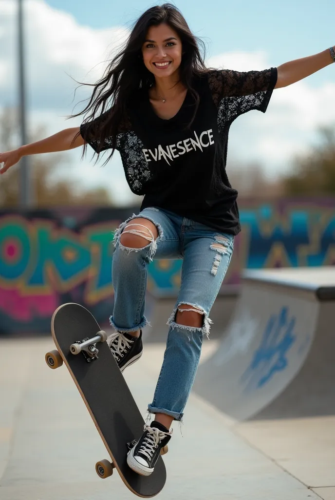 A skateboard flies through the air at a skatepark with graffiti in the background, a woman wearing black shoes. She wears black all-star shoes and has long wavy and long black hair,  light brown skin , Your eyes are blue-green. Dressed in a black lace shir...