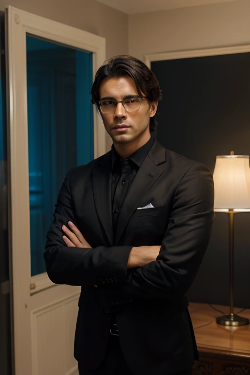 In a sophisticated indoor setting, a striking young man stands confidently with his arms crossed, exuding an air of authority and poise. Dressed in a sharp black suit that complements his tall, athletic build, his well-groomed dark hair frames a chiseled f...