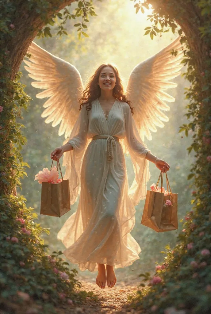 A smiling classy dressed angel with shopping bags in her hands write angel's nest