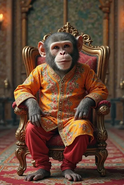 Monkey wearing kurta pajama and seating on chair in function 