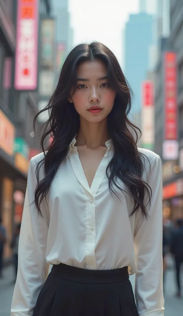 Very pretty oriental chick white, wear clothes and pants, being in the city, Standing facing the camera