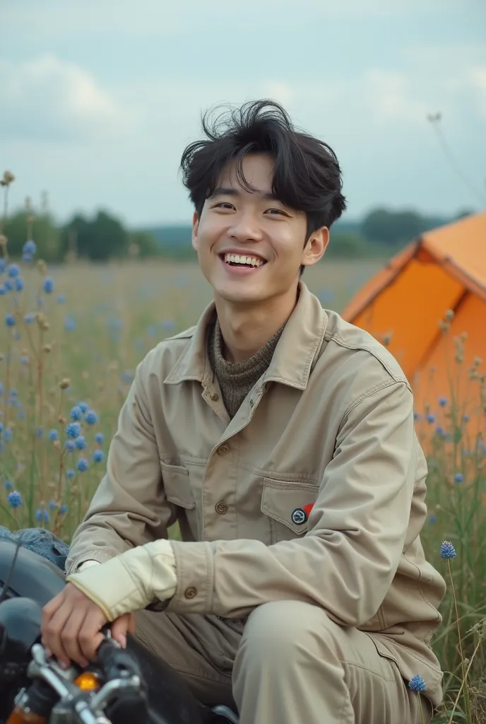 blue meadow. camping tools and triumph t120 motorbike, The angle of a young Korean man's upper and lower body. Face not visible . Sitting alone in a beige jumpsuit, wearing short ivory-colored short leather gloves, smiling brightly and innocently. Orange t...