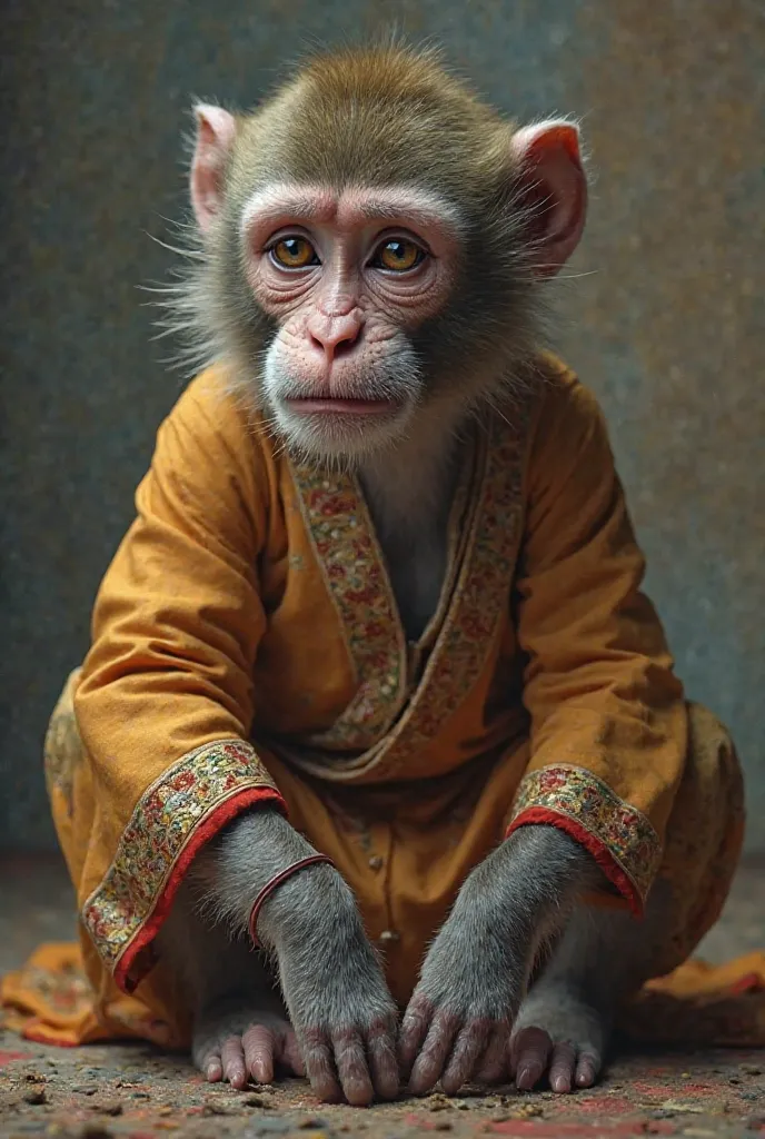 Monkey wearing kurta pajama and crying 