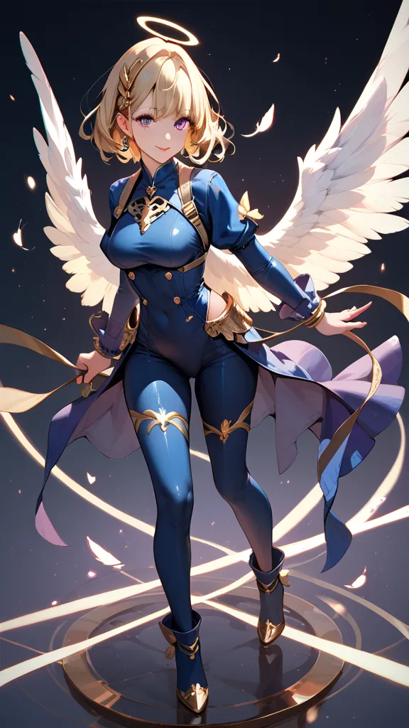 Full body view of a girl in heroine clothing and angel wings 