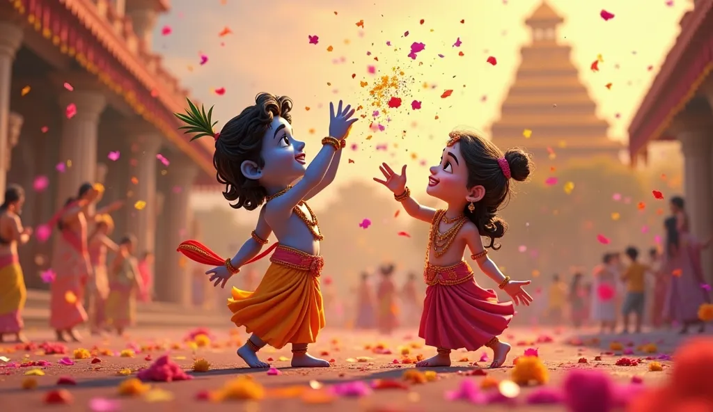 “A cinematic 3D cartoon-style illustration of Lord Krishna and Radha joyfully celebrating Holi in Vrindavan. Krishna is playfully throwing gulal into the air, while Radha smiles with devotion. The entire scene is bathed in a golden divine glow, with colors...