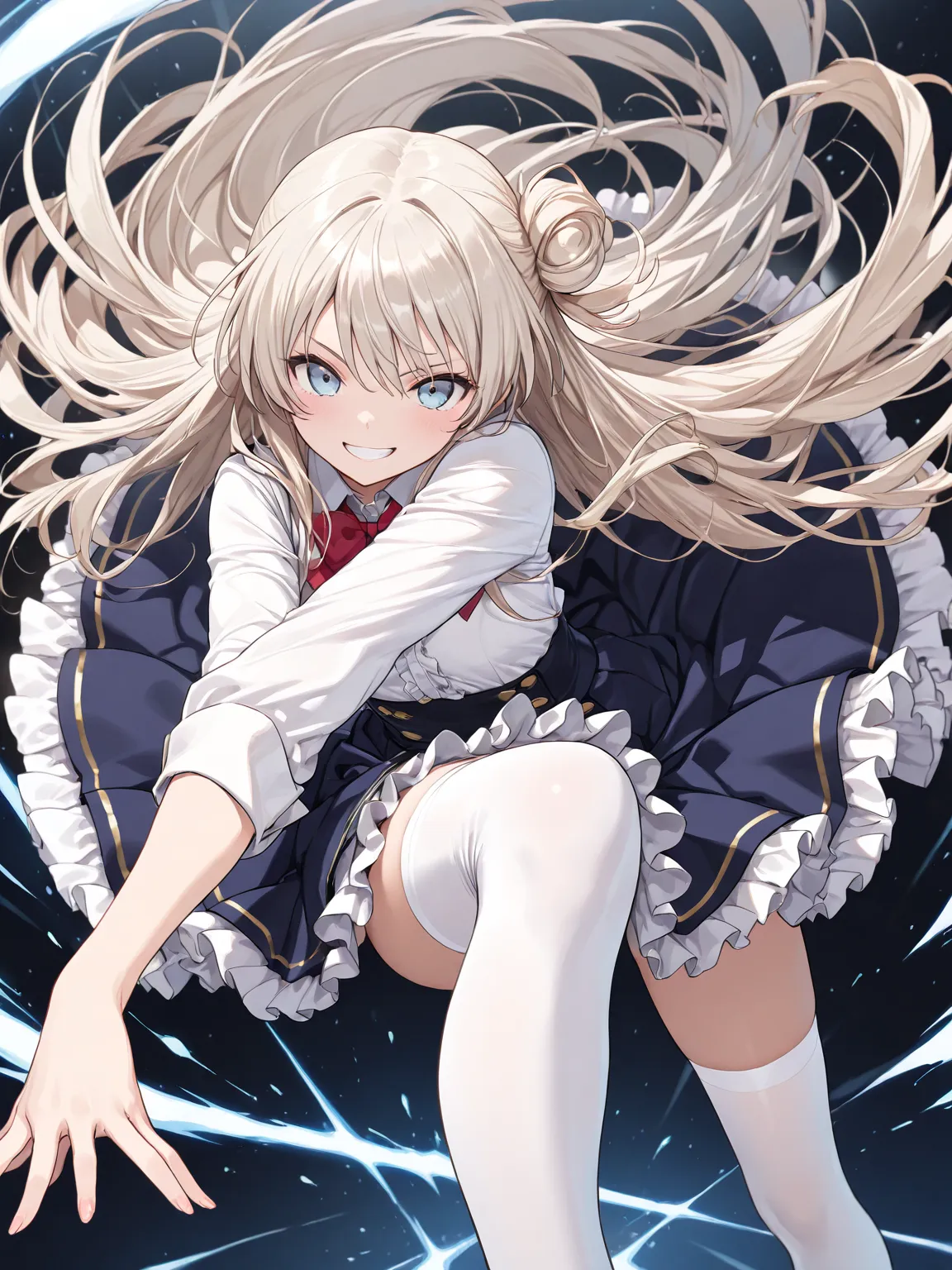 ((masterpiece, best quality, ultra-detailed character)), 1girl, platinum blonde hair, very long hair, single side bun, light blue eyes, school uniform, white shirt, frills, dark blue skirt, frilled skirt, white thighhighs, grin, dynamic pose, perfect compo...