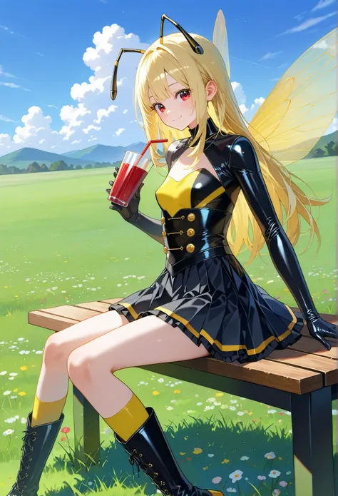 ■構図■She is positioned in the center of the image,
■背景■The background features a light-blue sky dotted with fluffy white clouds,grasslands and many flowers,
■People■(Beautiful Girl Who Cosplay as a Bee:1.2),(loli:0.7),sitting,drinking drink,sitting on Woo...
