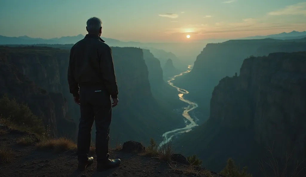 A haunting final scene. The scientist, now appearing decades older, stands at the edge of Skinwalker Ranch at dawn. His back is turned to the viewer, his posture tense. The distant ravine glows faintly with an unnatural vibrational distortion, pulling him ...