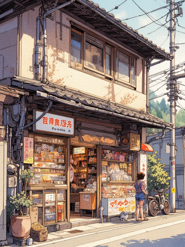 (watercolor∕medium：1.5,watercolor∕effect：1.3,Pen：1.5),
greatest masterpiece,top quality,
 Modern Art 、Old Japanese stores、Wooden house、Roadside candy store、sweets lined up on the eaves、nostalgic atmosphere、retro chic、Small shop、ren gather、Stray cat、 Bike、r...