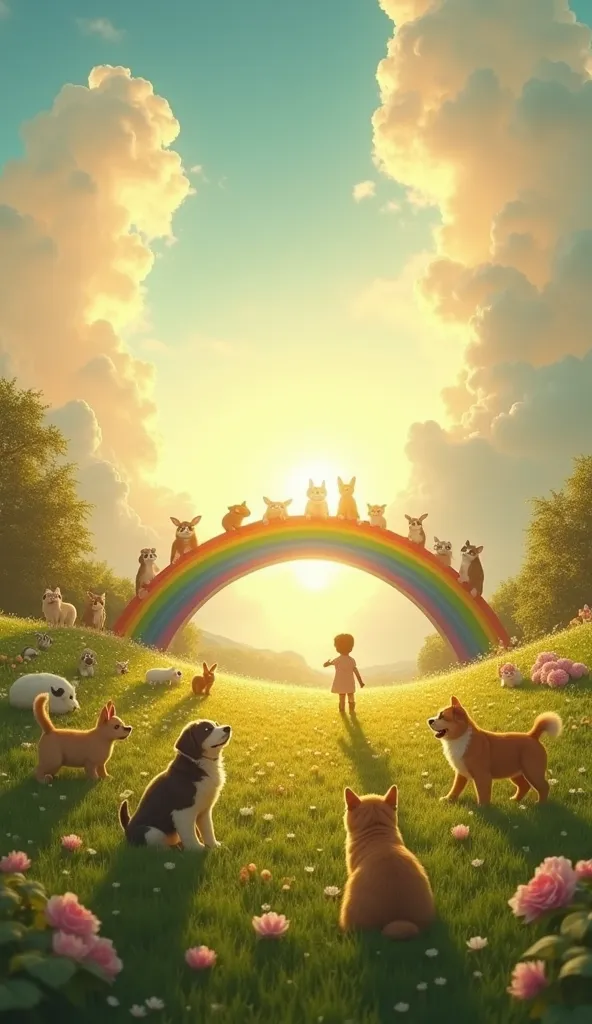 A mystical, serene landscape with a vibrant rainbow bridge stretching across the sky. The scene is bathed in soft golden light, creating a warm and heavenly atmosphere. On one side of the bridge, a lush green meadow is filled with happy animals—dogs, cats,...