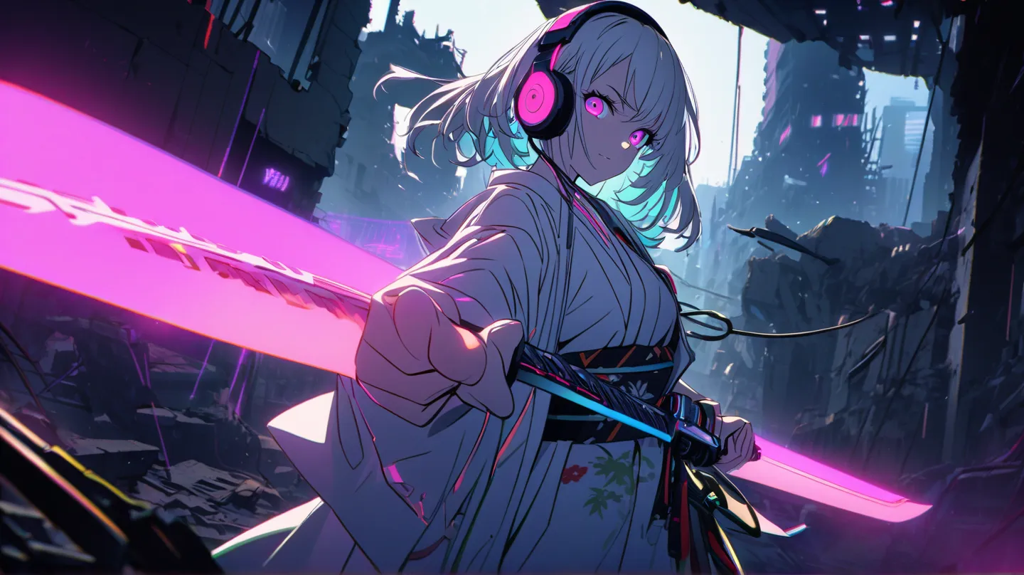  in white for summer very detailed ,  1 girl with an Oracle,  pointing in the direction of the viewer .、cyberpunk kimono,,    Japanese sword,offensive headphones  , RGB lighting      ヘッドフォン  s with White light,     headphones with cable, White light, ruins...