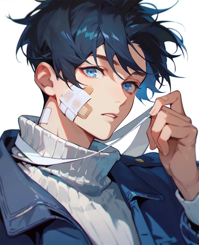 1boy, Solo, Black hair, blue eyes, short hair, White turtleneck sweater, navy blue jacket, bandages around his hands and neck, Band-aid on face, parted lips, White background