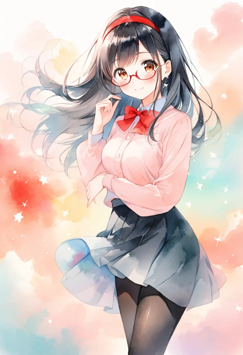 (ultra detailed:0.7), cover image, (soft pastel tones, watercolor, (bright color:1.3), transparent, gradation, harmonious and calm atmosphere:1.1), 1girl, , brown eyes are shining and cute, black hair, long hair, extremely detailed neat hair,Straight hair,...