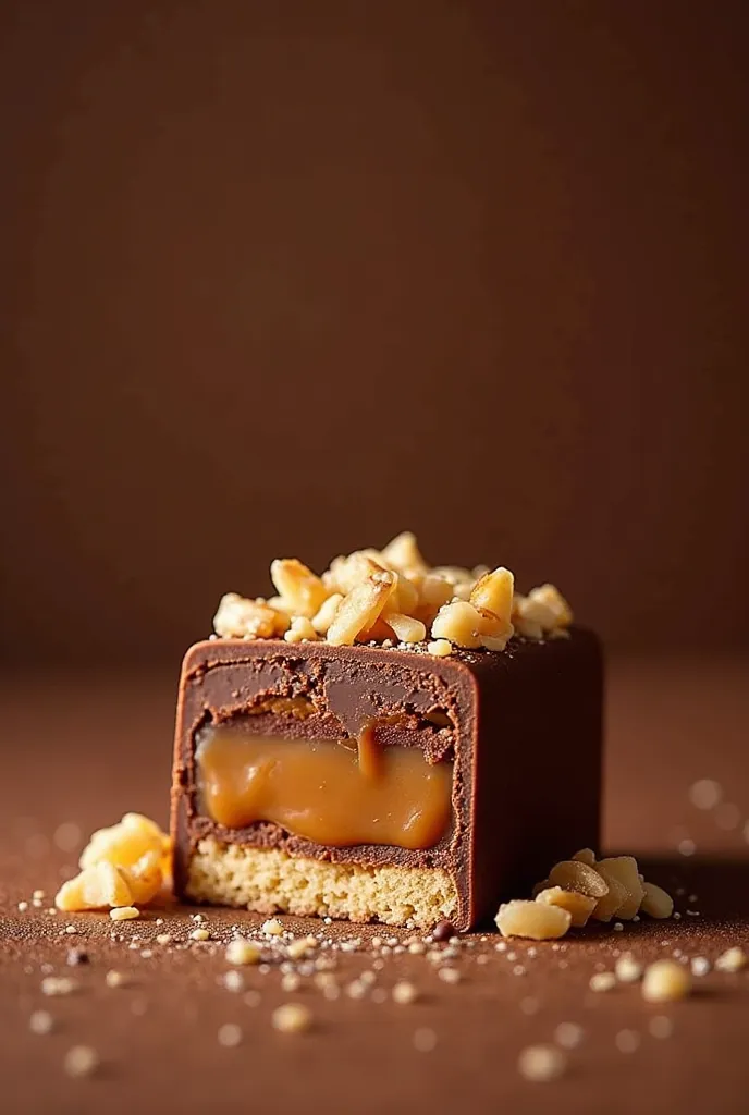 cube format chocolate inner liquid caramel top layer almond crocus bottom layer biscuit 