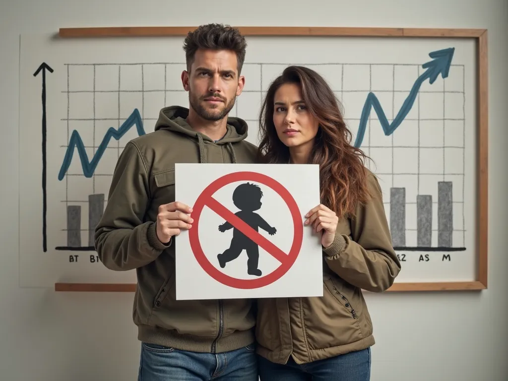 hyper realistic photo of a couple saying no, with a sign with the silhouette of a baby crossed out with the red forbidden symbol, In the background a graph with low birth rates