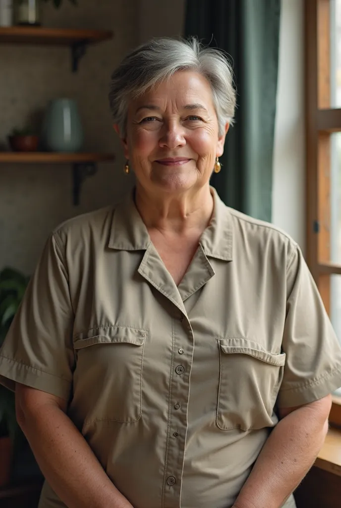 A lady more or less 50 years old wearing neutral clothing with about 80 kilos short hair