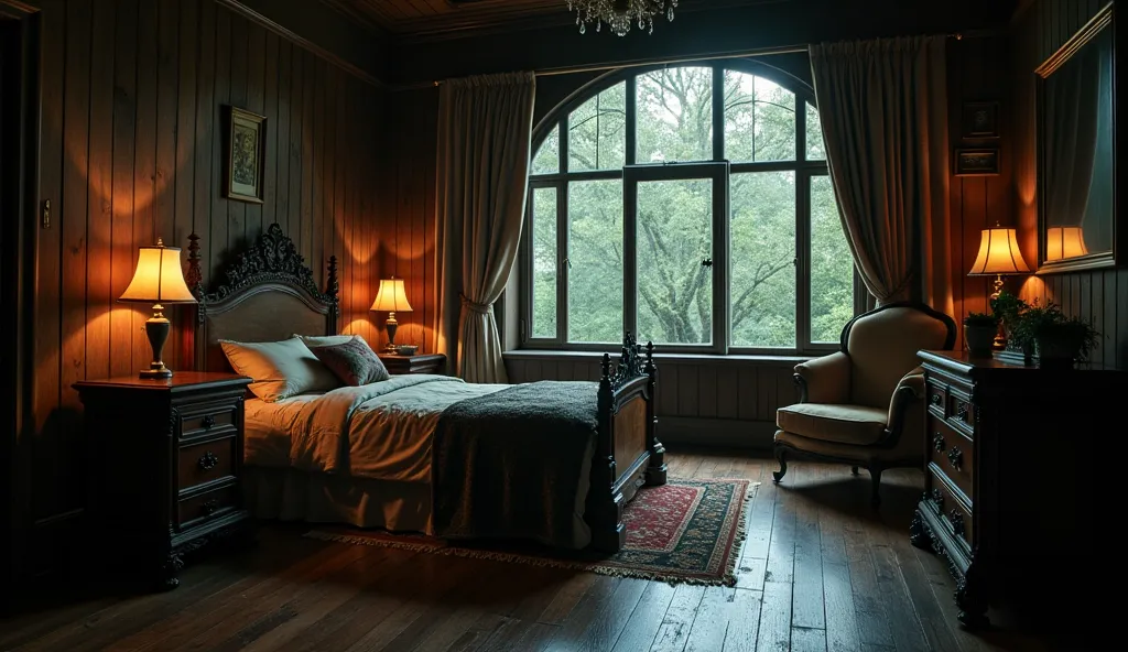 "Create an image of a vintage-style bedroom located deep in a forest. The room should have wooden walls, antique furniture, and a warm, eerie atmosphere. A large panoramic window dominates one side of the room, allowing soft, ambient light to filter in. Th...