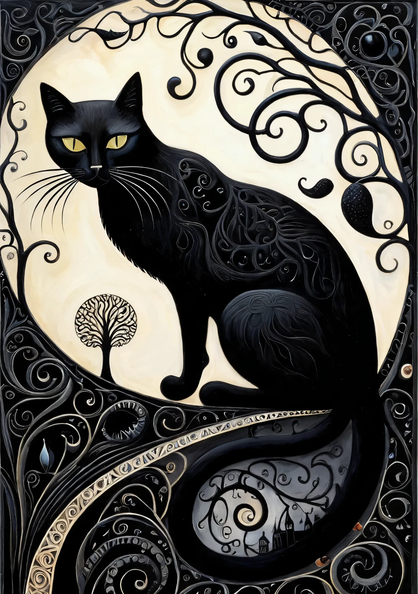 black cat surrealist art. dream like, mysterious, provocative, symbolic, intricate, detailed