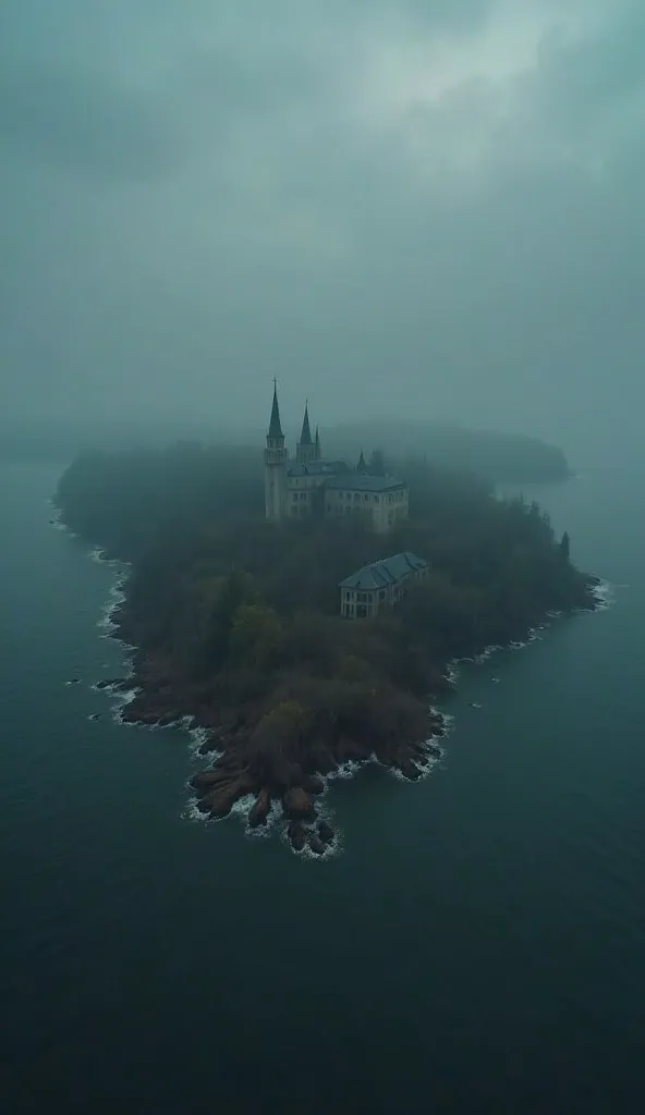 "A dark and eerie aerial view of Poveglia Island, Italy, surrounded by misty waters. The sky is overcast, and the island looks abandoned and unsettling. A faint, ghostly glow lingers over the land, hinting at its haunted history. The atmosphere is ominous,...