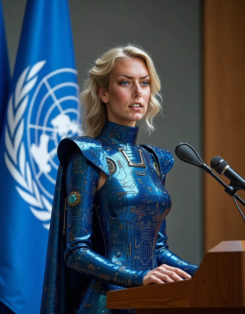 Standing and making a speech at the United Nations, in front of the lectern with a microphone, under the UN flag, a woman 30 years old white woman she has wavy hair, she has blond hair, blue eyes, slim face and nose, slim, wearing a futurist long royal dre...