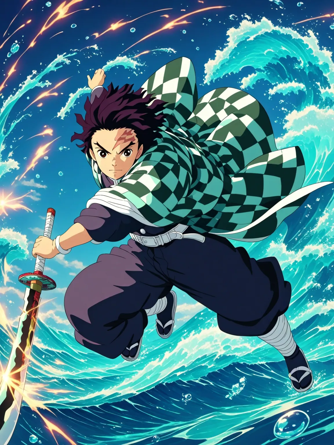 masterpiece, Ultra HD details,  Ghibli style, 1boy , Kamado Tanjiro, Demon Slayer, black-and-green checkered haori, black Nichirin Blade, flame effects, action pose, dynamic lighting, facial scar, determined expression, Japanese-style background, Water Bre...