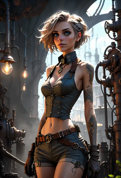 (((high definition))), dramatic shadows, depth of field, in 2D retro cartoon style, hand drawing with pencil, (world, where steampunk and post-apocalyptic aesthetics collide), pretty woman in torn dirty clothes, (more rusty steampunk details: hex, valves...
