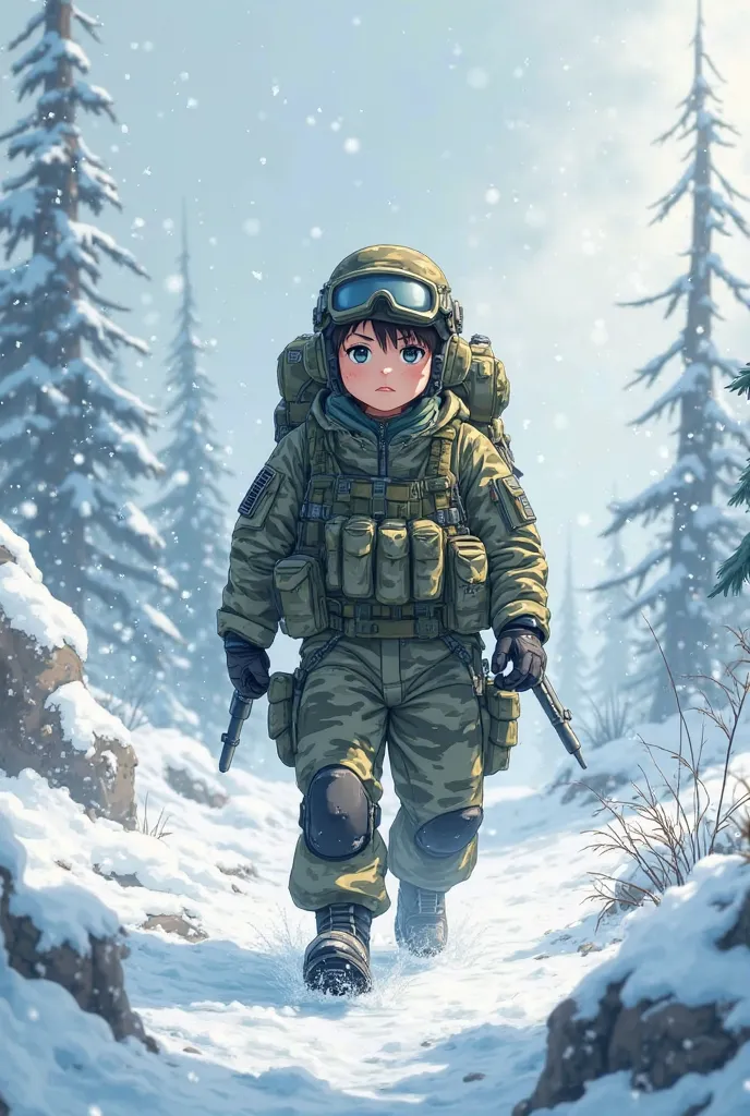  Military camouflage , cartoon,  soldier, frozen landscape, better quality, 2D Anime Shirt, vivid colors,  cold tone , fog, snow