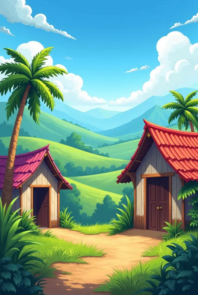 rural village during daytime. A small traditional house with a red sloping roof and a wooden door stands on the right. Another house with a pinkish-purple roof is on the left, with its doors slightly open. The village is surrounded by lush greenery, tall p...