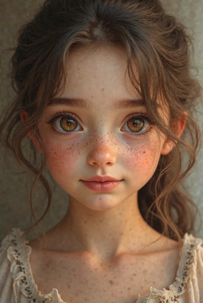 Create a girl with dark blond wavy hair, almond hazel eyes, fair skin, freckles, dimples, long eyelashes, fine eyebrow, with round face