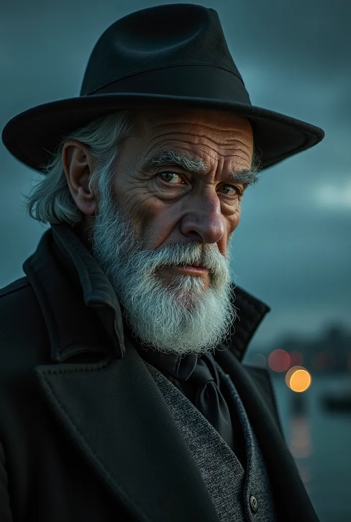 An intimidating old vampire man, with dark brown eyes in a nocturnal environment,  He has white hair , well-defined beard looking to the side. Wearing a mobster's chalk-cut gray suit and wearing a hat, The night next pier 