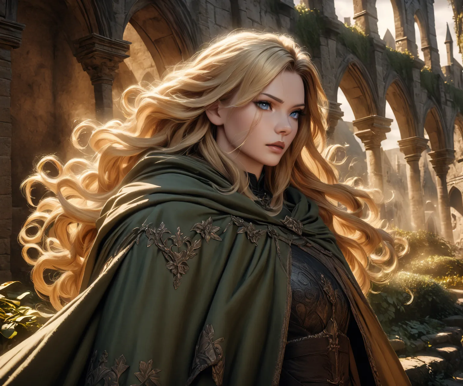 man, young, blonde, long hair, blond, green and blue eyes, medieval green cloak, medieval vibe, gothic, seductive look, curly hair, solo, 8k, high resolution, detailed, photorealistic, cinematic, dramatic lighting, fantasy medieval landscape, moody atmosph...