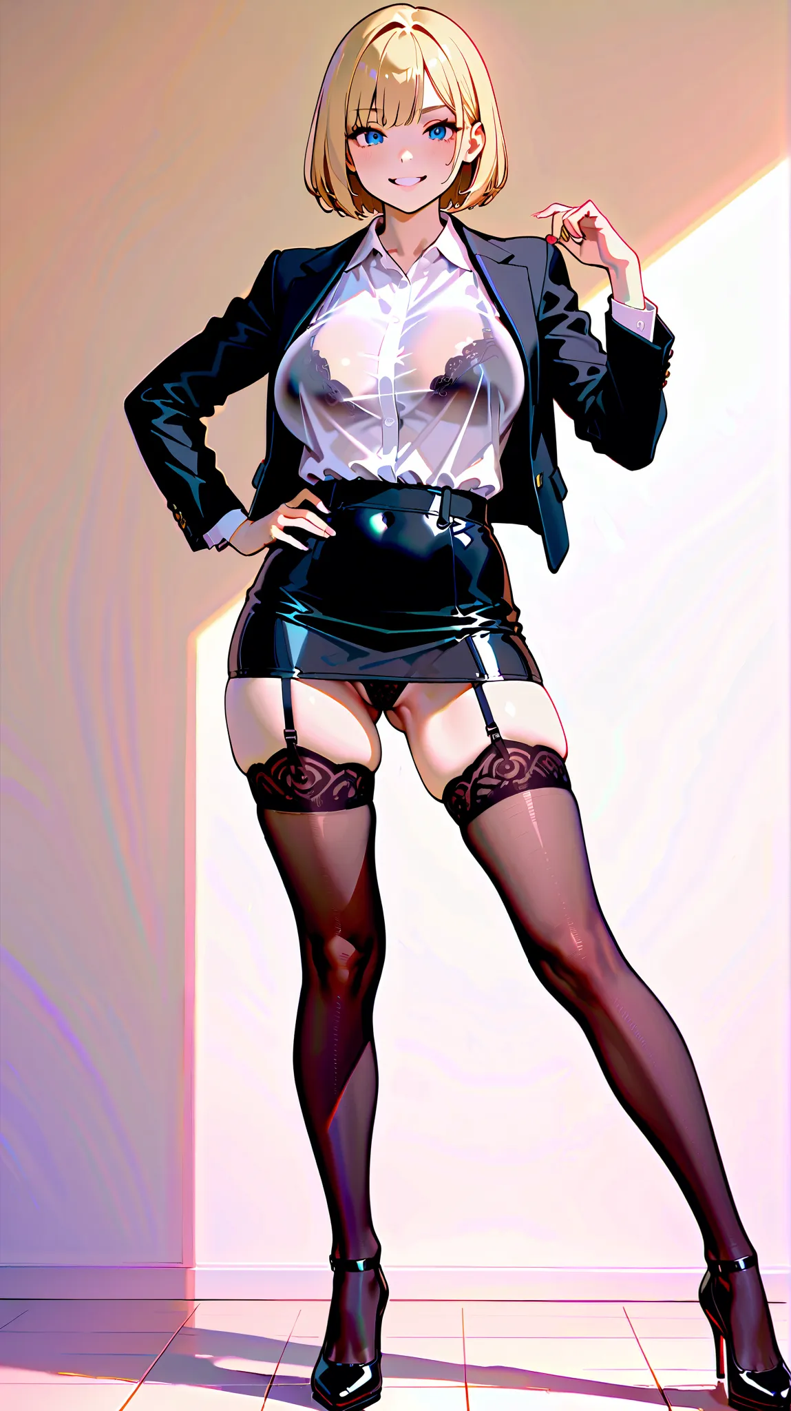 Realistic clothes, masterpiece , best quality, front light source, a super sexy anime woman with her legs spread showing off tight black suit and stockings, 1girl, solo, thighhighs, high heels, 26years old, blonde bob cut, hand on hip, ass visible through ...