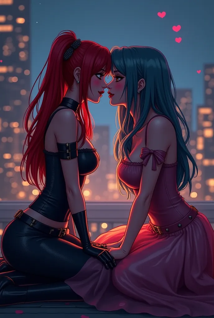 Draw two girls and one of them should be Harley Queen and the other one should be a Turkish girl and they should be lovers.I want a clan logo called KS7 in the background points_9, points_8_ up , points_7_ up , points_6_ up , sitting together, yuri, girlfr...