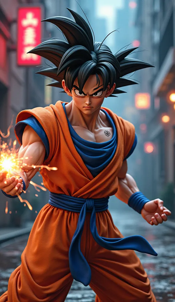 A highly detailed 3D photorealistic fusion of Goku from Dragon Ball and Spider-Man, portrayed in a dynamic action scene. The character has the athletic build of Spider-Man, combined with Goku's vibrant orange gi and Saiyan fighting stance. His hands are ex...