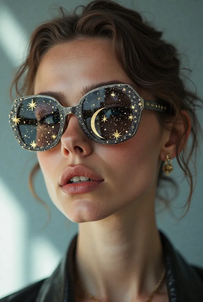  Model is wearing glass sunglasses with stars and the moon on the glass.