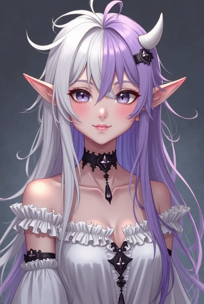 she has long, double colored hair, left side white right one light purple she has little white horns on her head and elf ears, she dresses alternative. her eyes are heterochromic one full black the other white she has a light skin 