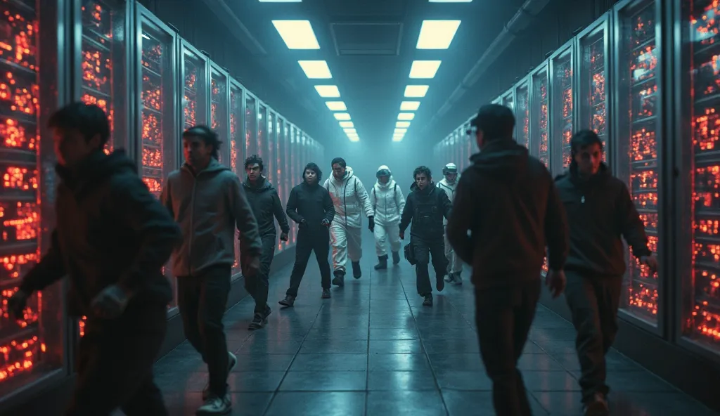 The dark server room is filled with rows of tall, glowing server racks. Laser beams flash across the room. There are two groups of people in the room playing catch-up. In the background, a group of people dressed in white jumpsuits and tactical goggles are...