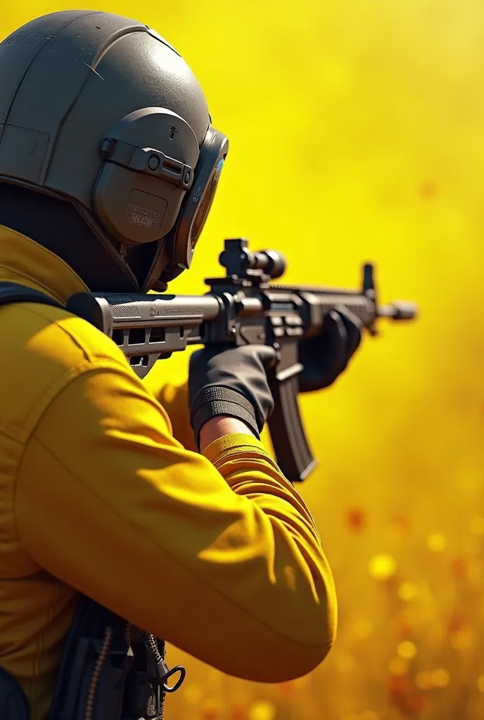 a close up of a person holding a gun in a game, a screenshot by Anna Katharina Block, trending on dribble, fantastic realism, in pubg, squad fighting enemy, in-game, in - game, in game, ingame image, yellow battlefield theme, ingame, before the final culli...