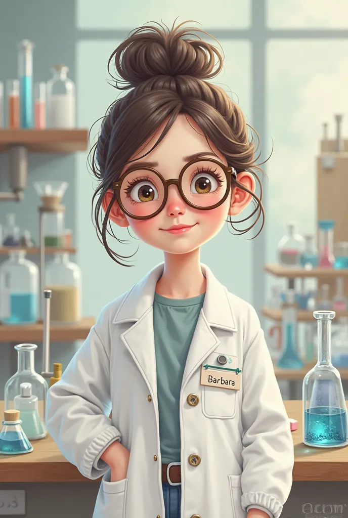 A drawing of a little pharmacist girl in a lab coat and glasses and a badge with the name Barbara 