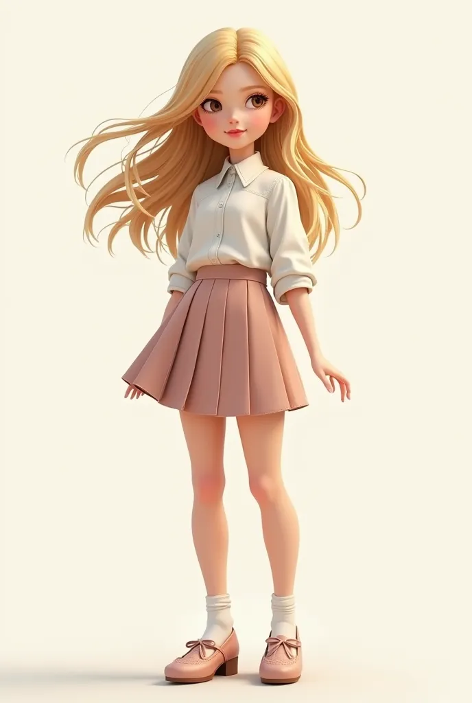  girl with blonde hair, shirt, skirt, socks and mary janes shoes 