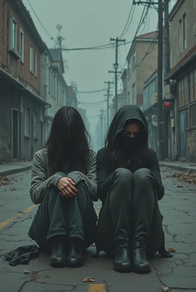 sad couple with no visible faces sitting hand in hand on street