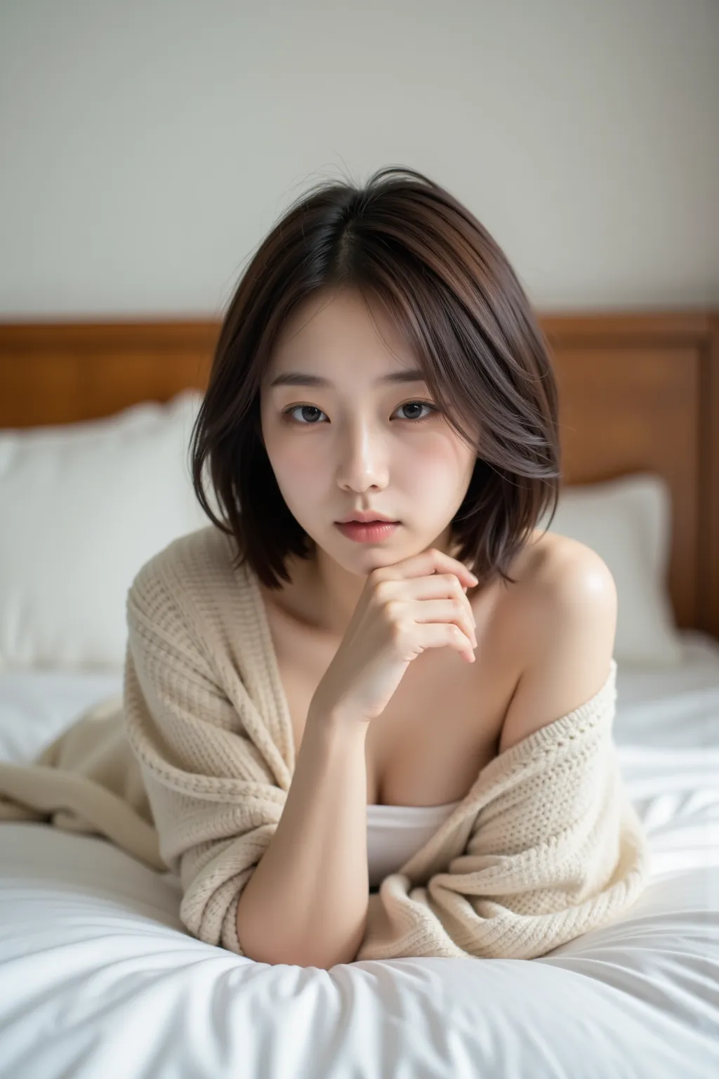 High quality,4K,Super Details,Realism,Professional grade ,bokeh,an Asian female,lying on the bed,There are pillows around ,20 years old, open my mouth and spit my tongue,Messy short hair,cardigan,A beautiful young Korean woman, The face of a beautiful Japa...