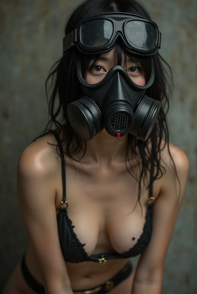 NFSW, photorealistic, super realistic, Very beautiful Japanese, famous Japanese idol, young girl, She is restrained, Latex BDSM, vulgar, Pain々expression, dramatic scene, masterpiece, beautiful eyes, black full face gas mask（With goggles）,(Full body view 1 ...