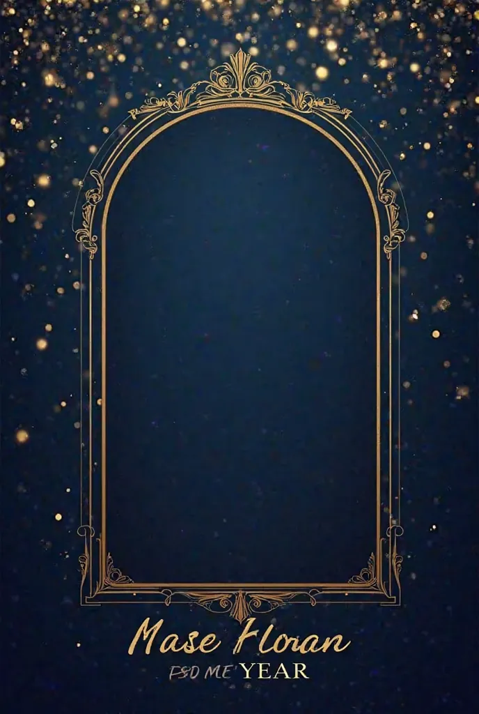 

"A digital photo frame with a luxurious and formal design. The background should be deep navy blue with elegant gold accents. The photo area should have a rounded arch shape with a gold border. Around the frame, there should be subtle gold confetti and l...