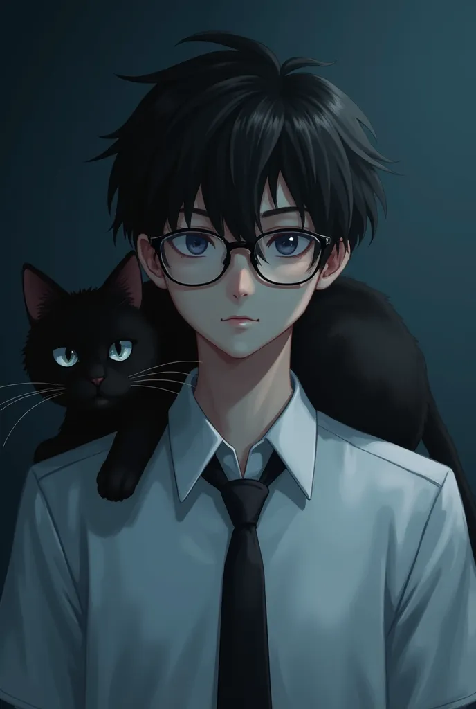 Male character, with round square glasses, wearing school uniform, no tie, white collar shirt, portrait with black cat, looking at the camera, blueish black background