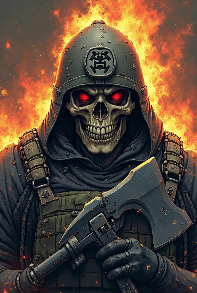 A skull with a tactical helmet, holding a battle axe and a military shield, with flames in the background. The art is detailed and stylized, in the form of a strong and resistant badge.